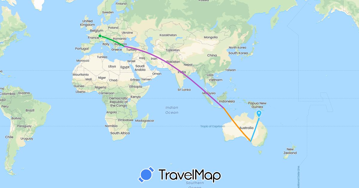 TravelMap itinerary: driving, bus, train, boat, hitchhiking in Australia, Switzerland, Indonesia, Turkey (Asia, Europe, Oceania)